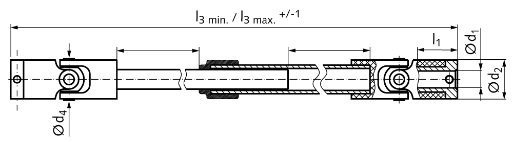 Telescopic universal-joint shaft UW made from plastic/brass bore 12.70mm telescoped length 500mm max. travel 284mm