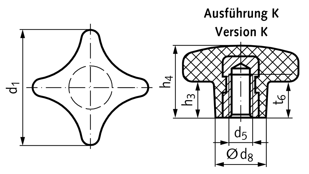 Star knob similar to DIN 6335 made from plastic type K diameter 80mm