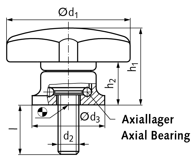 Star knob screw with axial bearing thermoplastic diameter 80mm M12 x 50mm