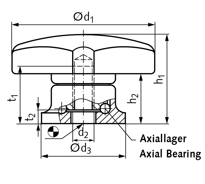 Star knob with axial bearing made from thermoplastic diameter 63