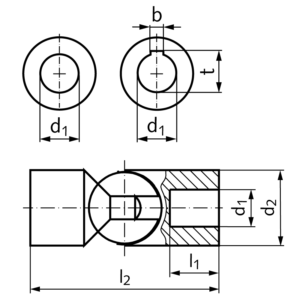 Ball joint RW bore 25H7 material steel outer diameter 50mm total length 125mm