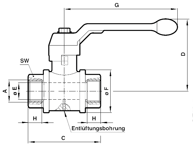 Ball valve exhausting full bore thread G3/8