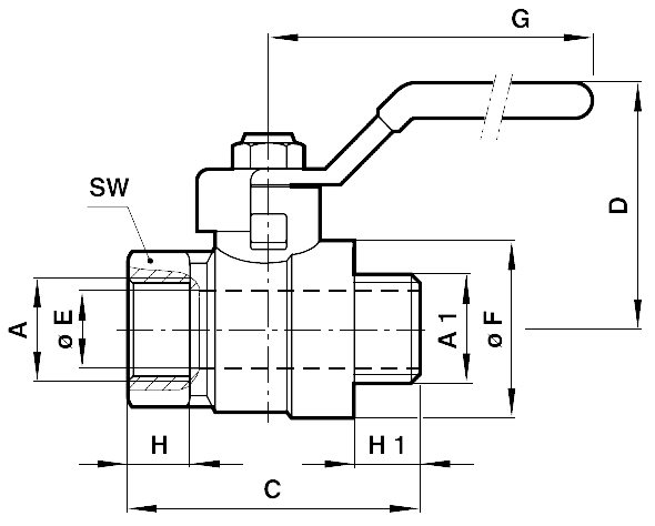 Ball valve exhausting made of brass, full bore thread G1/2