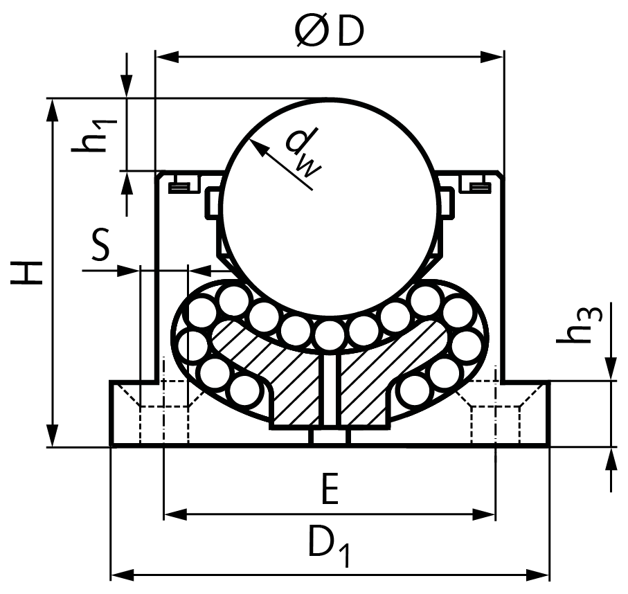Ball transfer unit 388 size 25,4 total height 44,5mm housing steel with KTL “anti-oxide” electrophoretic coating