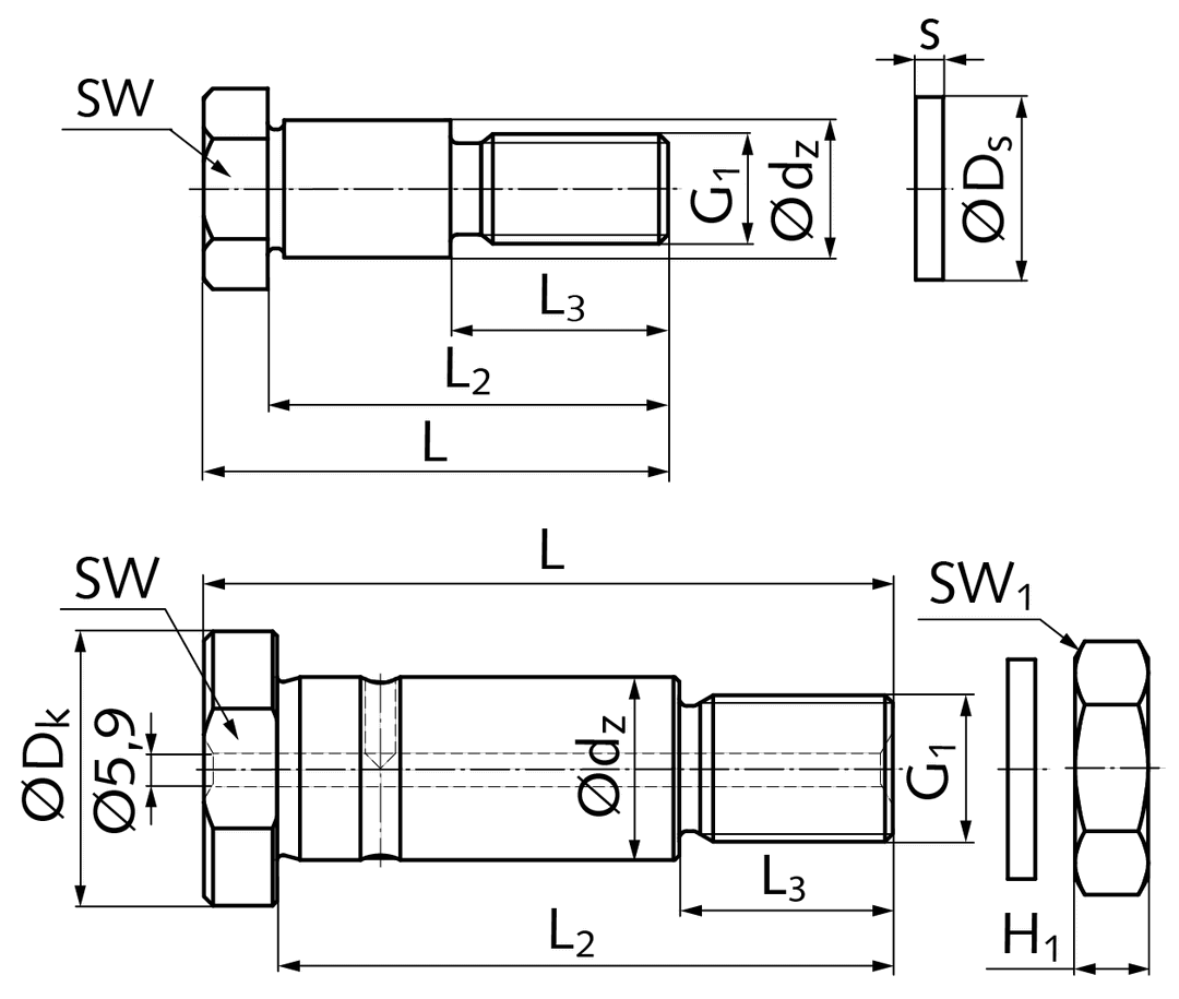 Centric bolt LFZ12/M12 dw 10mm bolt diameter 12mm length 50.8mm