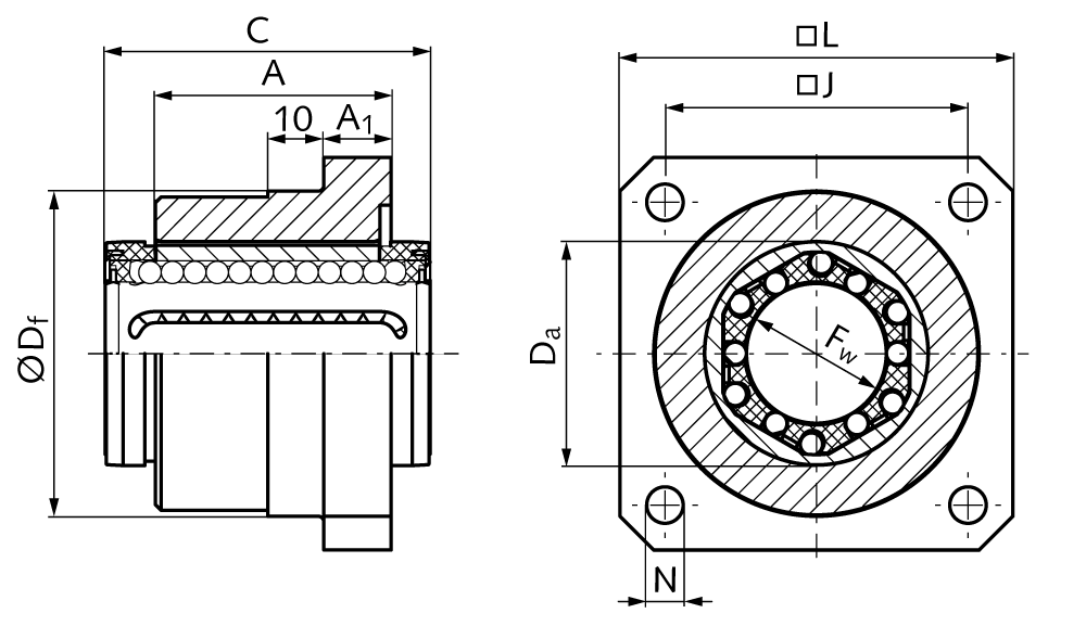 Linear bearing unit KG-3-FST ISO series 3 with linear ball bearing with steel jacket sealed on both sides for schaft Ø 25mm