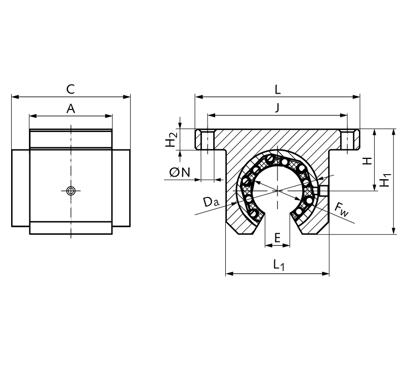 Linear bearing unit KG-3-KST-O ISO series 3 with linear ball bearing with steel jacket sealed on both sides for schaft Ø 25mm open design