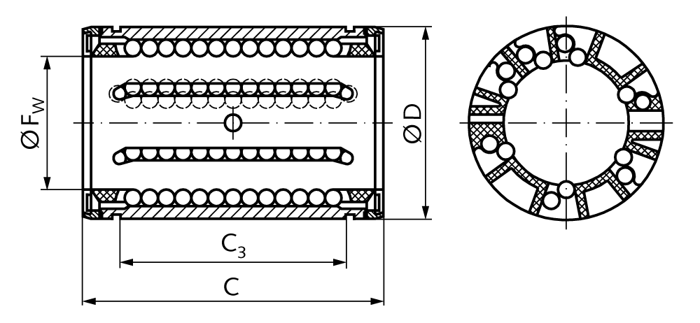 Linear ball bearing KB-3 ISO series 3 premium stainless with seals for shaft Ø 30mm