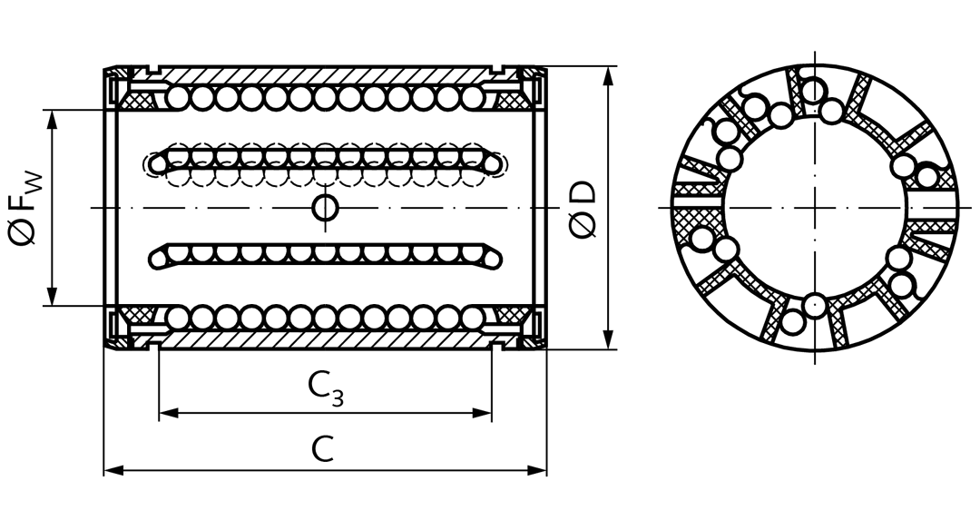 Linear ball bearing KB-3 ISO series 3 premium with shields for shaft Ø 20mm