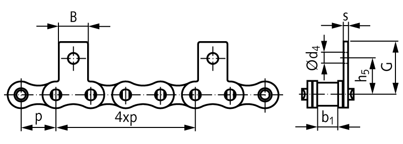 Roller chain with straight attachments 16 B-1-M1 4xp attachments slim version on one side