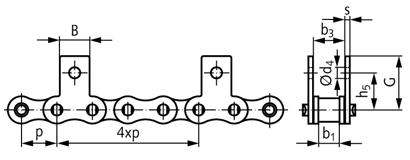 Roller chain with straight attachments 16 B-1-M1 4xp attachments slim version on both sides