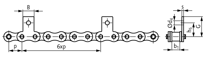 Roller chain with straight attachments 06 B-1-M1, 6xp attachments slim version on one side