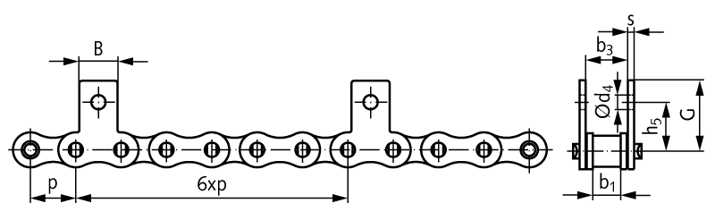 Roller chain with straight attachments 16 B-1-M1 6xp attachments slim version on both sides