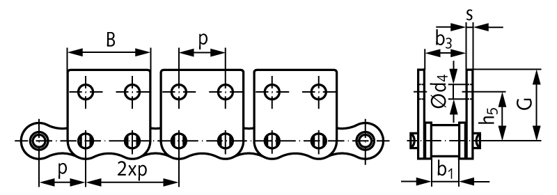 Roller chain with straight attachments 08 B-1-M2 2xp attachments wide version on both sides