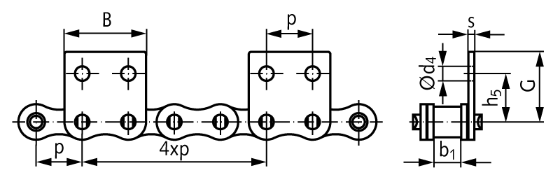Roller chain with straight attachments 06 B-1-M2, 4xp attachments wide version on one side