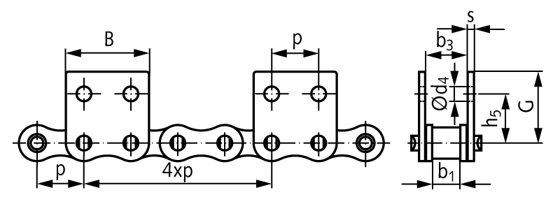 Roller chain with straight attachments 06 B-1-M2, 4xp attachments wide version on both sides