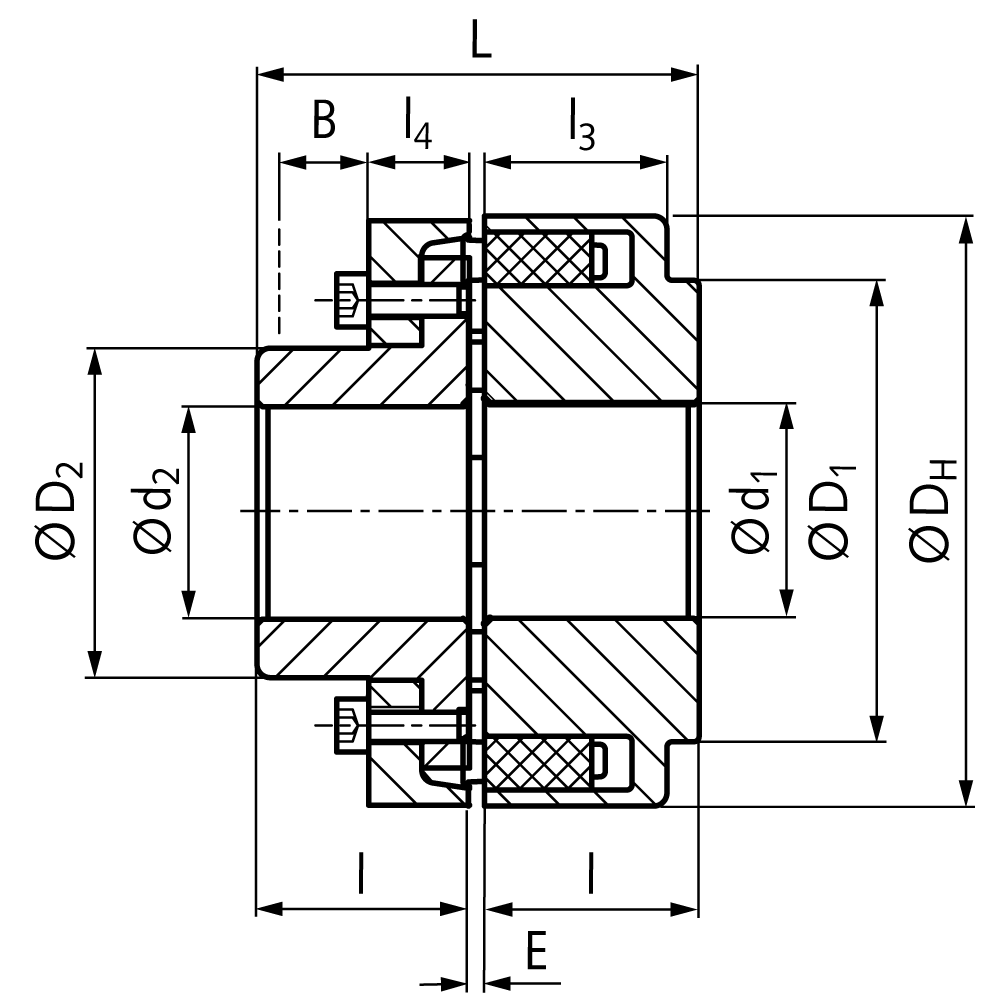 Elastic pin coupling MAEPEX 3-part version cast iron Baugröße 125 max. torque 720Nm nominal torque 240Nm outer diameter 125mm Länge 102mm no bore