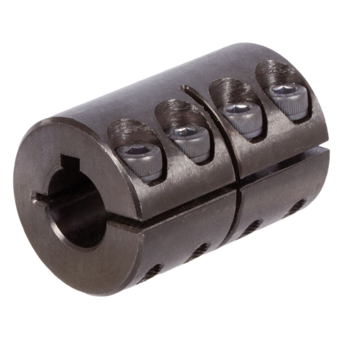 One-piece clamp coupling MAS both sides bore 50mm with keyway steel C45 black oxide finished with bolts DIN 912-12.9