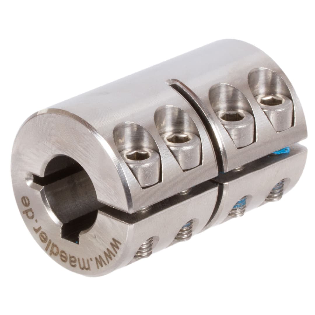 One-piece clamp coupling MAS both sides bore 20mm with keyway stainless steel 1.4305 with bolts DIN 912 A2-70