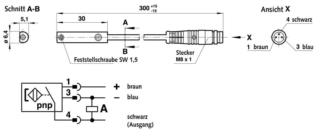 Magnetic switch, inductive, pnp with connector cable length 0,3m