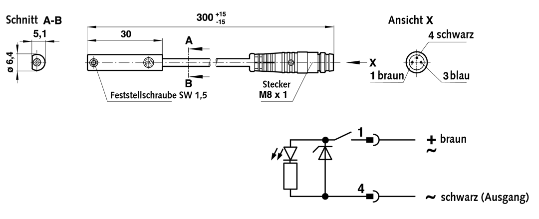 Magnetic switch with dry reed contact, N/O switch with connector cable length 0,3m