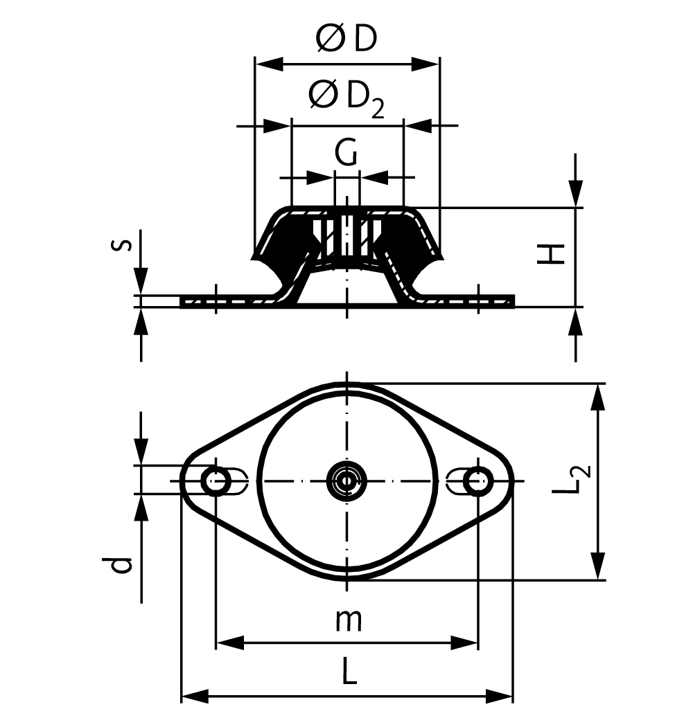 Machine mount failsafe diameter 106mm height 38mm thread M12 oval flange