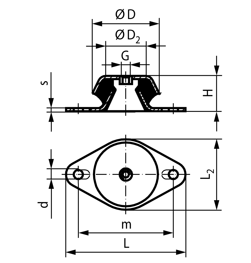 Machine mount not failsafe diameter 121mm height 42mm thread M16 oval flange