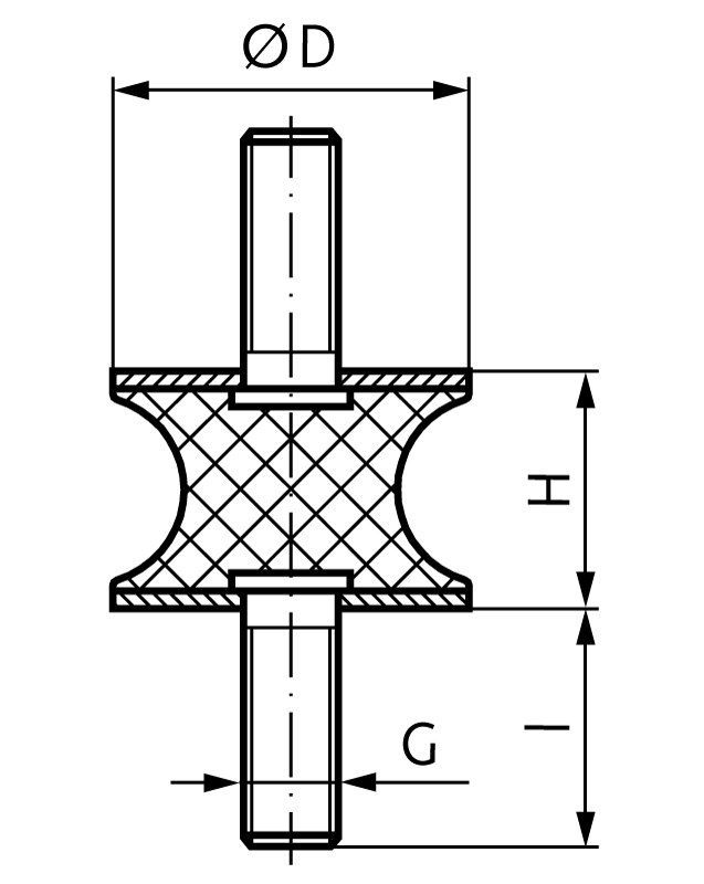 Rubber-metal type AT with external thread on both sides diameter 40mm height 48mm thread M8x23