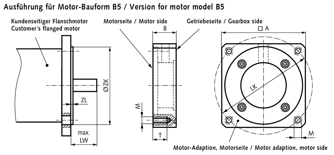 Motor adaption MPL size 90 outer dim. 90 x 90 x 27mm mounting hole circle-Ø 90mm M6 centering-Ø 70mm
