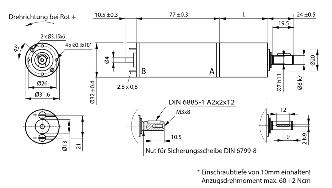 Planetary small geared motor SFP 2 with DC-motor 24V i=213:1 idle speed 16 1/min.