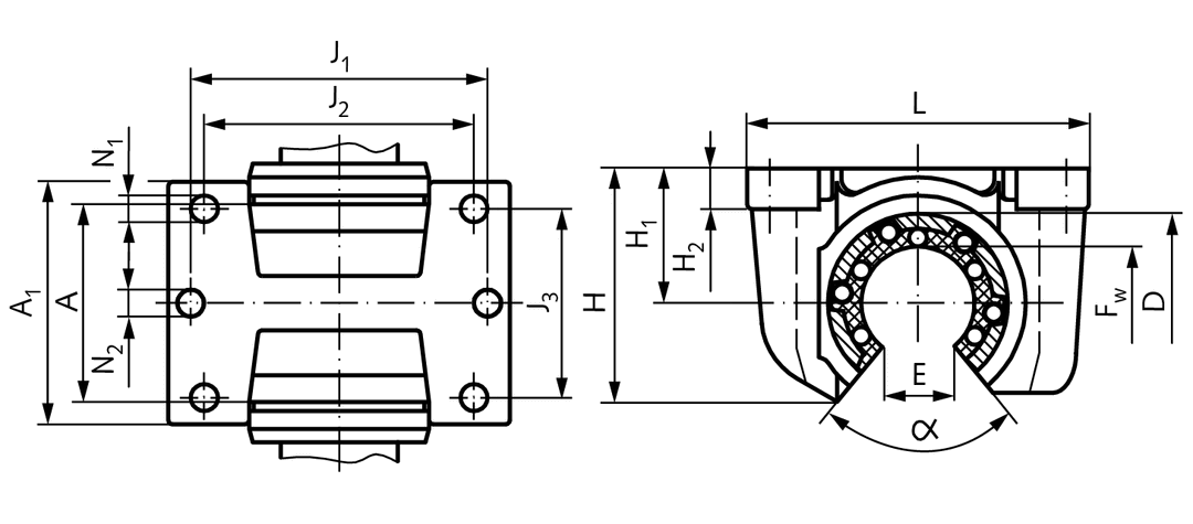 Open precision housing KG-O ISO series 3 bore 47mm for open linear bearing for shaft Ø 30mm