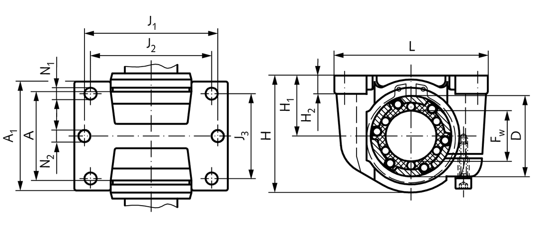 Precision housing KG ISO series 3 bore 26mm slotted for linear bearing for shaft diameter 16mm