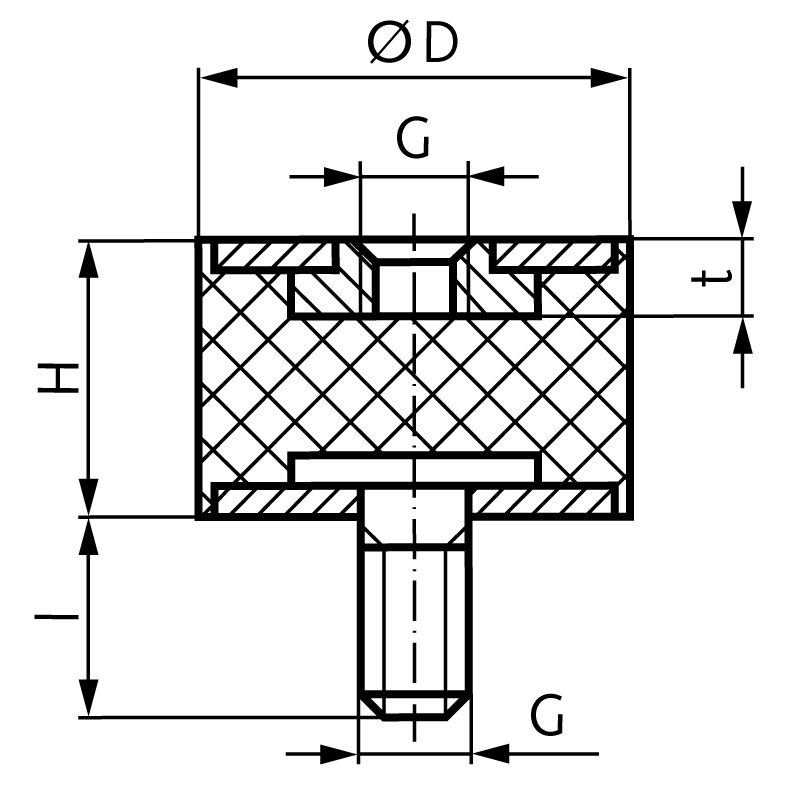 Rubber-metal buffer MGA diameter 50mm height 30mm thread M10 x 28mm stainless steel 1.4301