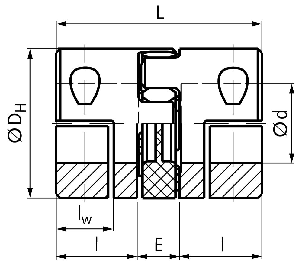 Elastic coupling RNH with half shell clamps backlash-free size 19 prebore 5mm (no H7) outer diameter 40mm overall length 66mm insert 98° shore red