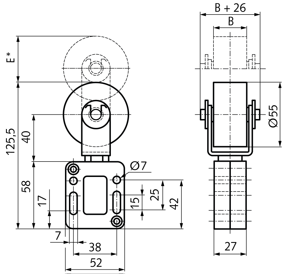Belt tensioner SPANN-BOX® size 0 low tensioning force roller-Ø 55mm (cylindrical) roller width 30mm