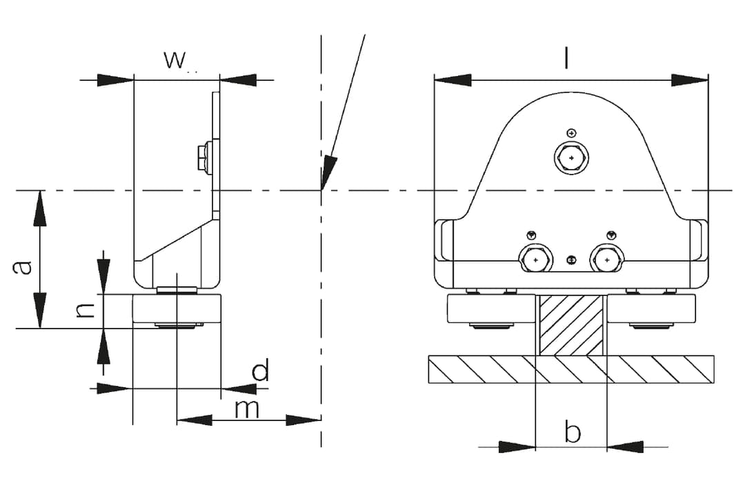 Horizontal guide-roller arrangement for travel-wheel system RB/I size 200 type K overall width 192mm with damper