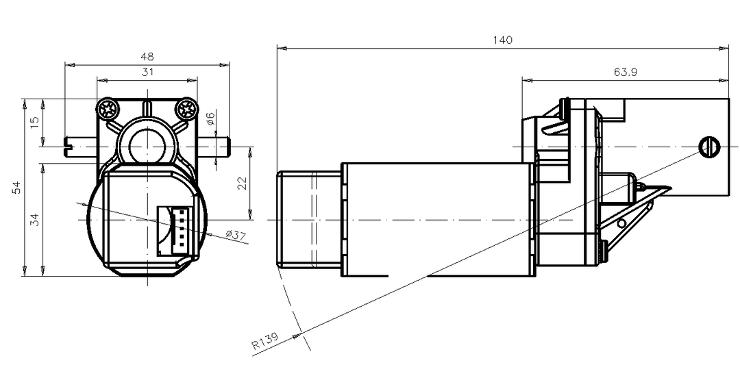 Linear drive SFL with DC-motor operating voltage 12V-24V nominal lifting force 400(200)N with Hall-IC