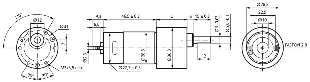 Miniature spur gear motor SF with DC-motor 24V i=250:1 idle speed 27 /min