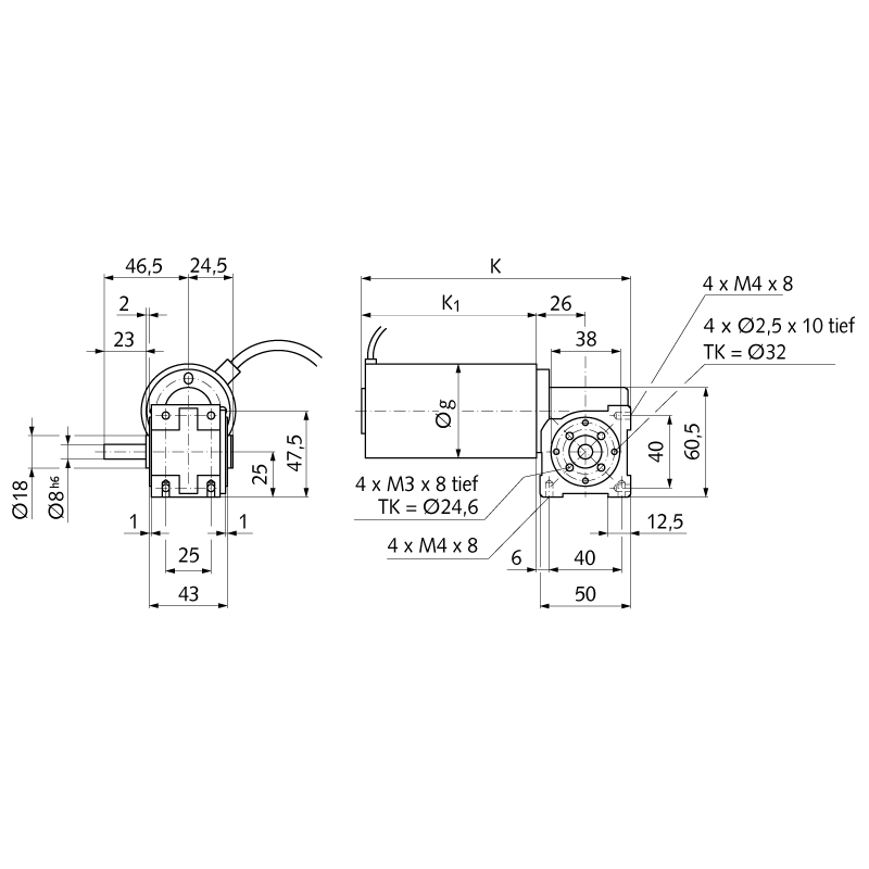 Small worm geared motor SG with permament magnet DC motor 24V 28W n2=200/min i=15:1 output shaft side 1