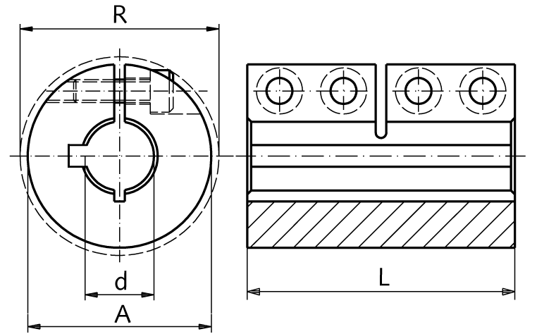 One-piece clamp coupling MAS both sides bore 20mm with keyway stainless steel 1.4305 with bolts DIN 912 A2-70