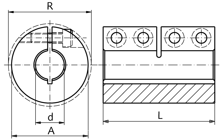 One-piece clamp coupling MAS both sides bore 5mm without keyway stainless steel 1.4305 with bolts DIN 912 A2-70