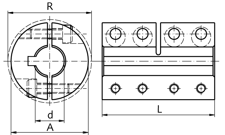 Two-piece clamp coupling MAT both sides bore 10mm with keyway steel C45 black oxide finished with bolts DIN 912-12.9