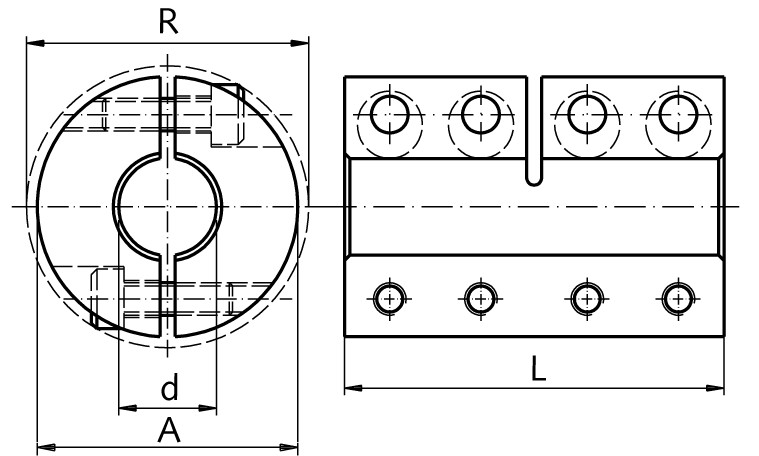 Two-piece clamp coupling MAT both sides bore 25mm without keyway stainless steel 1.4305 with bolts DIN 912 A2-70