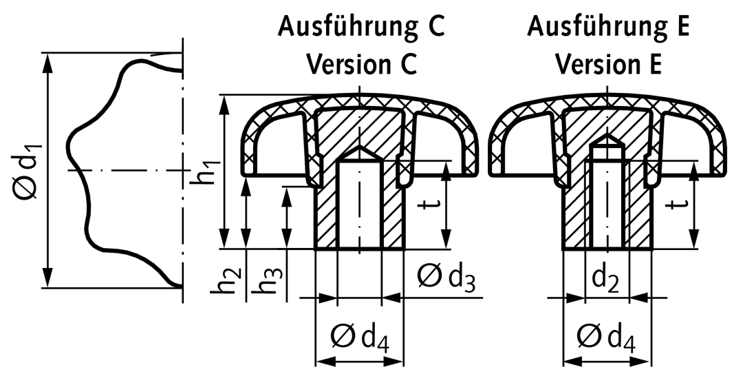 Star knob similar to DIN 6336 type C bore 10H7