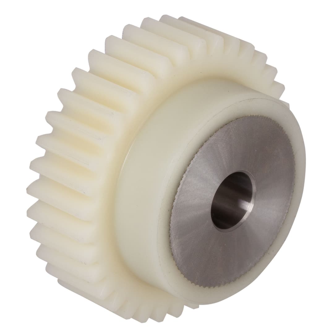 Spur gear made of plastic PA12G natural white with stainless steel core 1.4305 module 1.5 80 teeth tooth width 17mm outside diameter 123mm