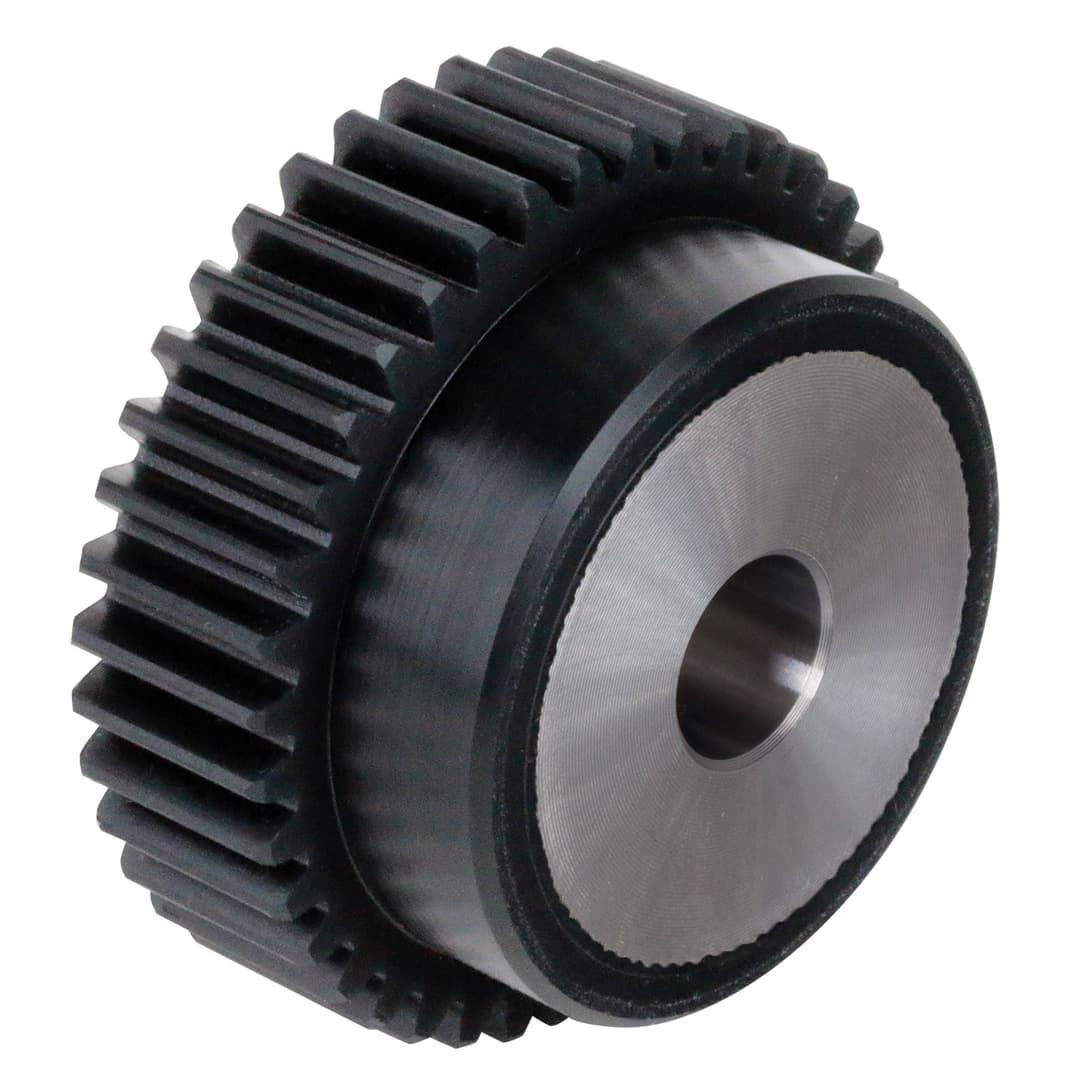 Spur gear made of plastic PA12G black with steel core module 3 15 teeth tooth width 30mm outside diameter 51mm