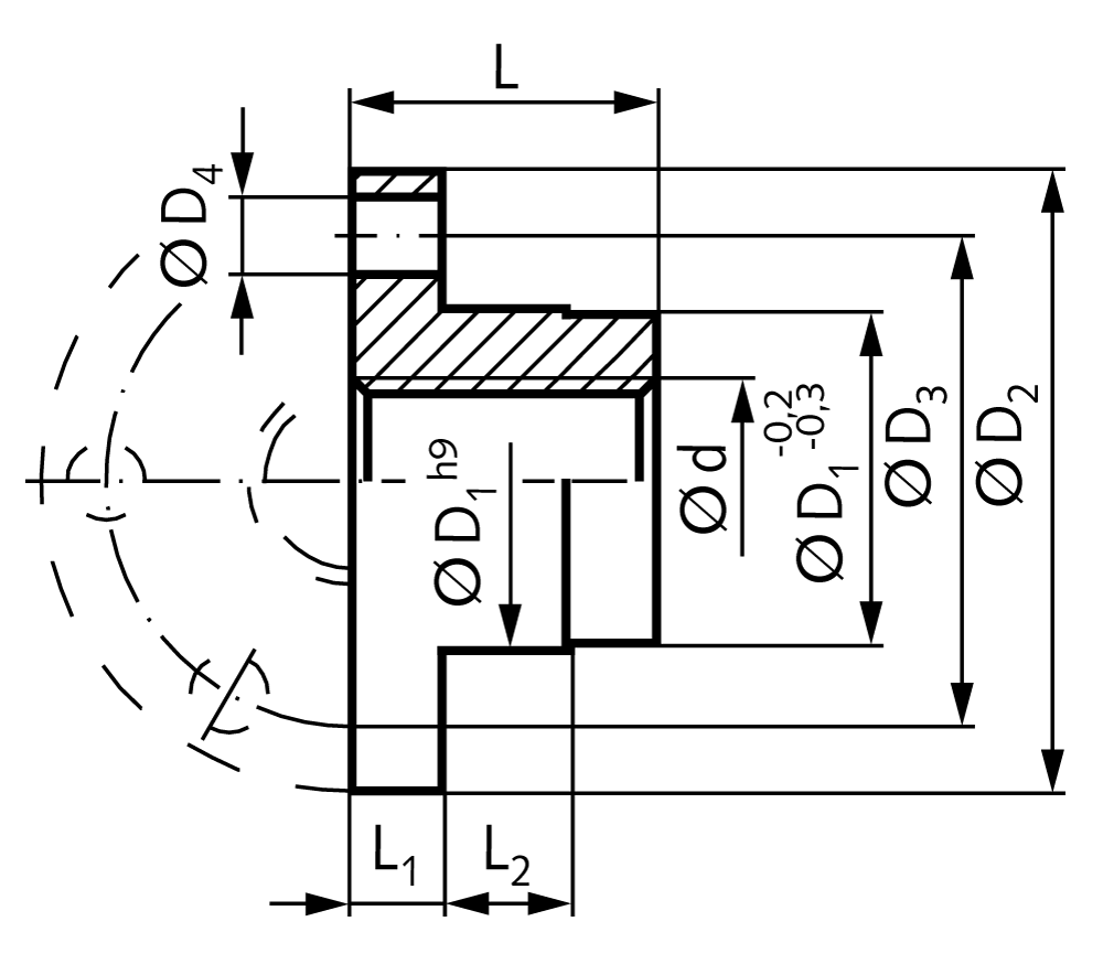 Ready-to install flange nut EFM long Tr.50×8 left hand material red brass
