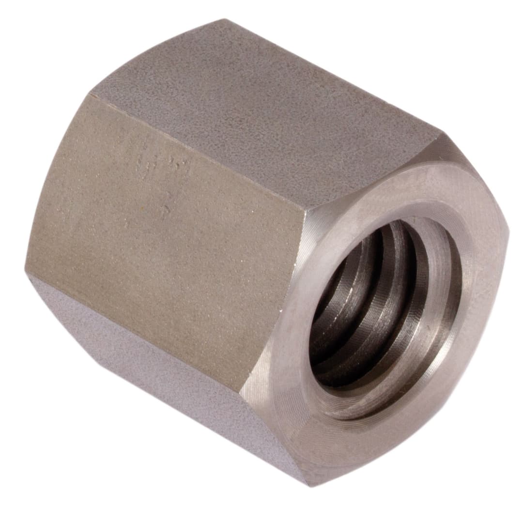 Hexagonal trapezoidal nut stainless 1.4305 Tr.12 x 3 single-start left length 18mm wrench size 19mm