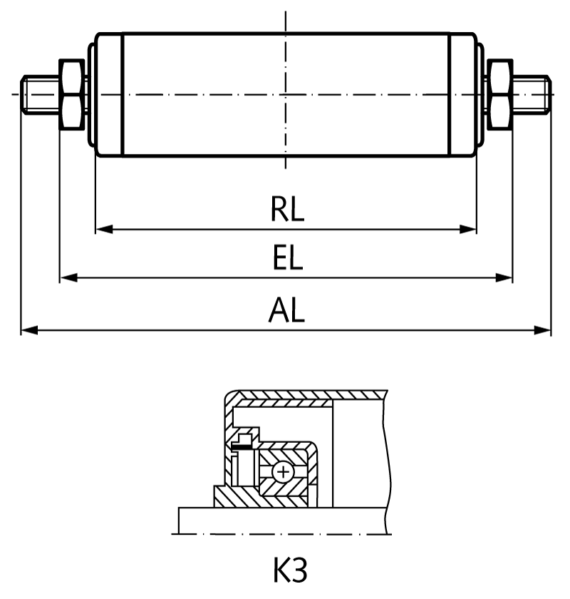 Conveyor roller K3 plastic blue Ø=63mm RL=500mm EL=519mm AL=549mm external thread