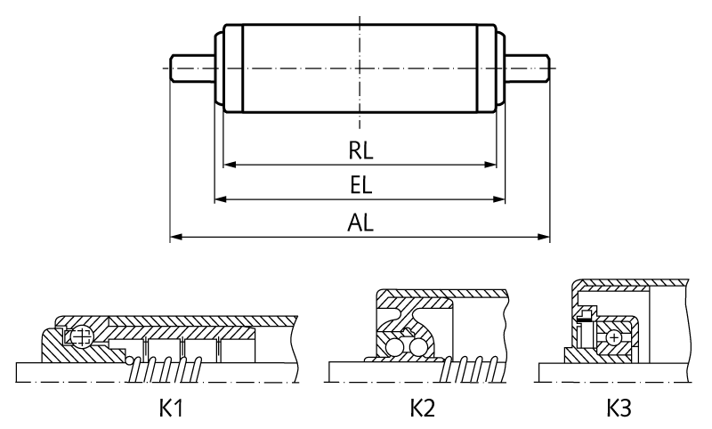 Conveyor roller K1 plastic blue Ø=40mm RL=200mm EL=205mm AL=225mm spring axle